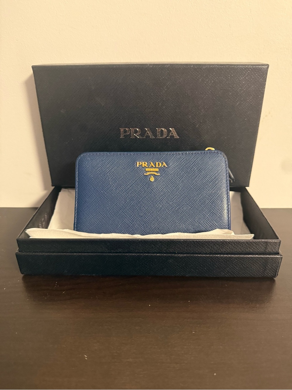 Prada Navy Wallet with Saffiano Leather and Gold Hardware